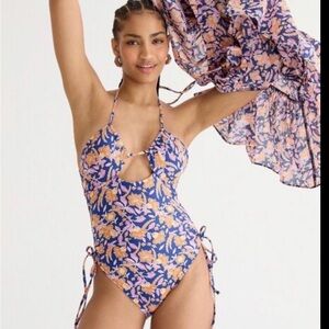 J. Crew Navy Floral Cutout One-Piece Swimsuit with Orange and Pink Flowers 10